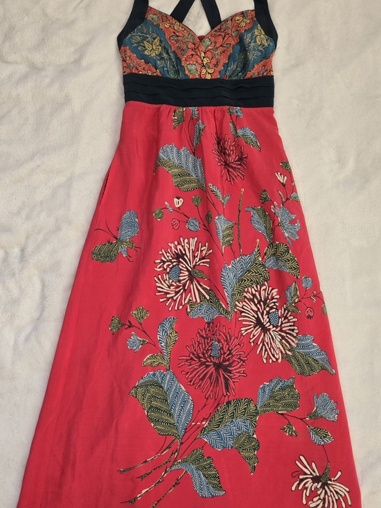 Edme & Esyllte Dresses & Skirts - Floral Red Silk Maxi Dress with Navy Trim